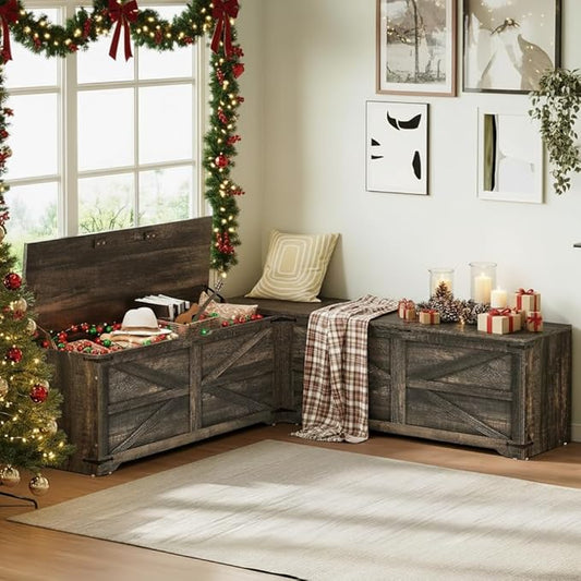 DWVO L-Shaped Storage Bench, 18" High Corner Dining Bench with Safety Hinges, Wooden Nook Chest for Living Room, Bedroom