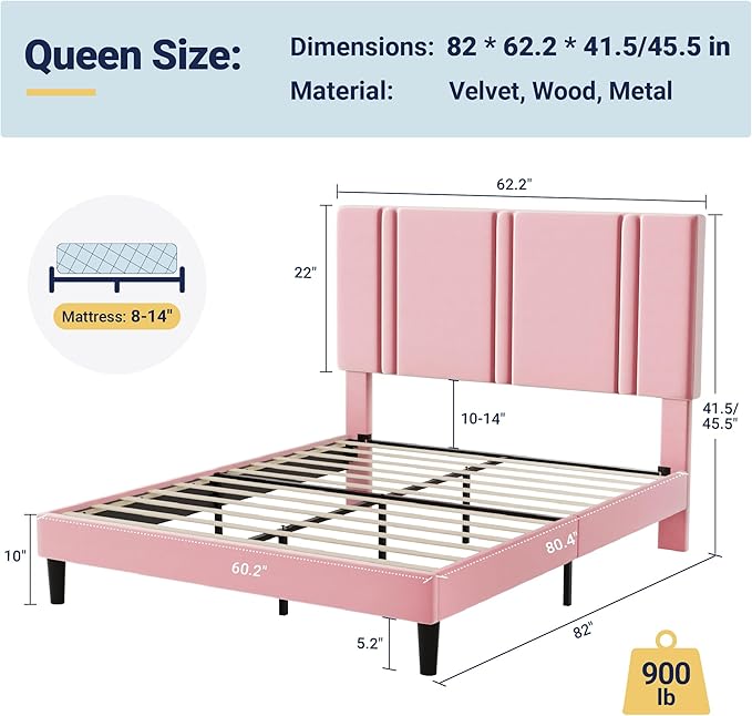 Allewie Queen Platform Bed Frame with Adjustable Headboard, Plush Velvet Upholstered, Vertical Channel Tufted, Sturdy Wooden Slats, No Box Spring Needed, Easy Assembly, Pink