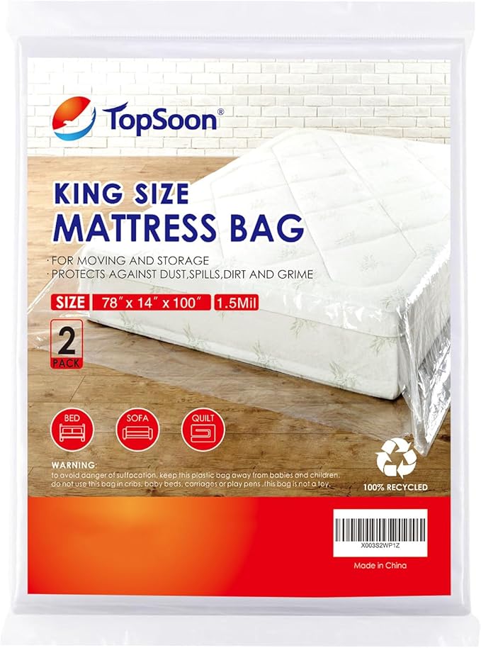 TopSoon 2PK Clear Plastic Mattress Bag - Moving & Storage Cover for Mattress or Box Spring - Heavy-Duty Disposal Supplies (1.5mil, King 78" x 14" x 100")