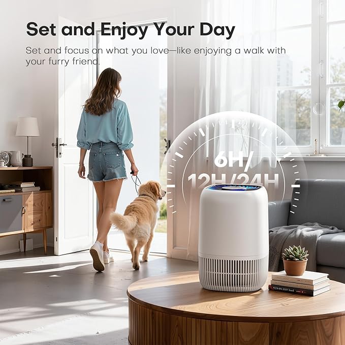 Air Purifiers for Home with High Efficiency Filter Up to 1076 Ft² for Pet Hair, Odors, Pollen, Smoke, Compact Air Cleaner with 3 Speeds, Timer, Aroma Quiet 360°Intake Filter, White