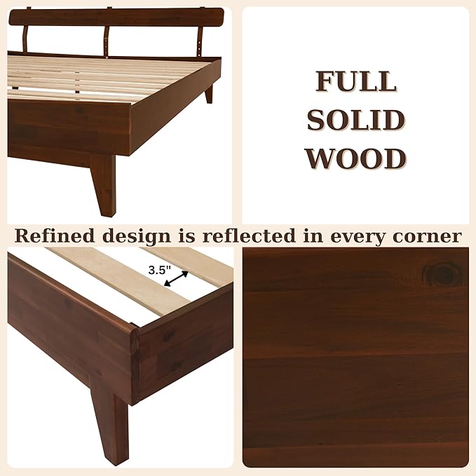 Bme Caden King Size Bed Frame and Adjustable Headboard, 15 Inch Mid Century Retro Style - Solid Acacia Wood - No Box Spring Needed - 12 Strong Wood Slat Support - Easy Assembly - Walnut