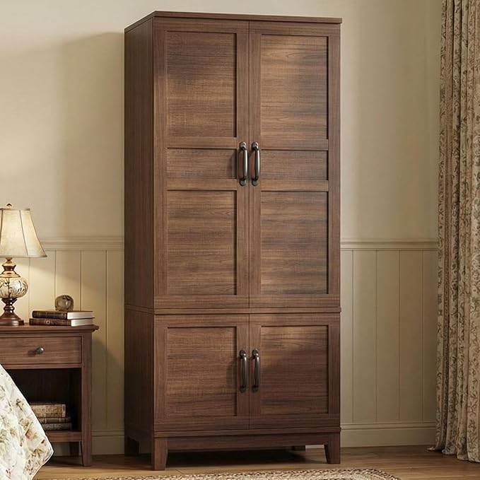IDEALHOUSE Armoire Wardrobe Closet with 4 Doors, 72" Tall Wooden Clothing Wardrobe with Hanging Rod & DIY Adjustable Shelf, Heavy Duty Bedroom Armoire Storage Cabinet, Walnut