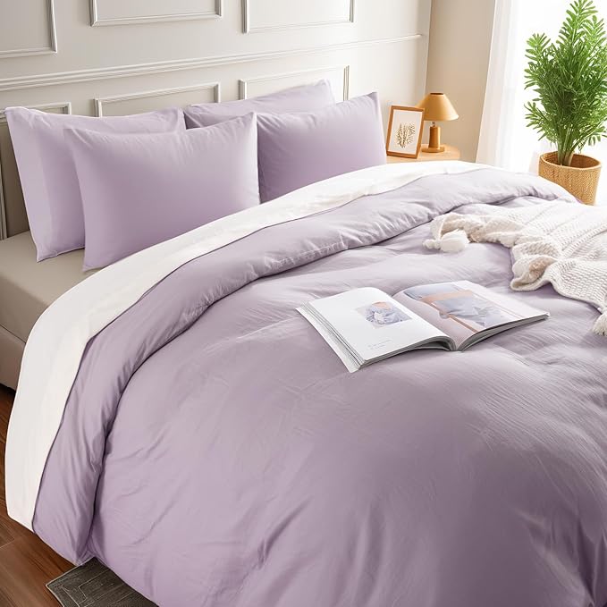 NEXHOME PRO Duvet Cover Set 100% Washed Cotton Kids Twin XL 66"x92", Organic Natural Linen Like Textured 2 Pieces Bedding Set Lavender Lilac with Zipper Closure, Corner Ties, Breathable (No Comforter)