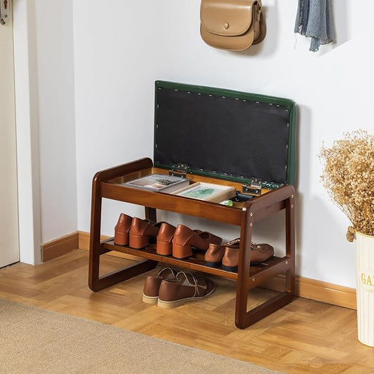 SOBIBO Shoe Bench with Storage - 2-Tier Entryway Bench, Solid Wood Shoe Rack with Cushion & Flip-Open Box, Mid-Century Modern for Hallway, Mudroom, Bedroom (Green, 21.65'')