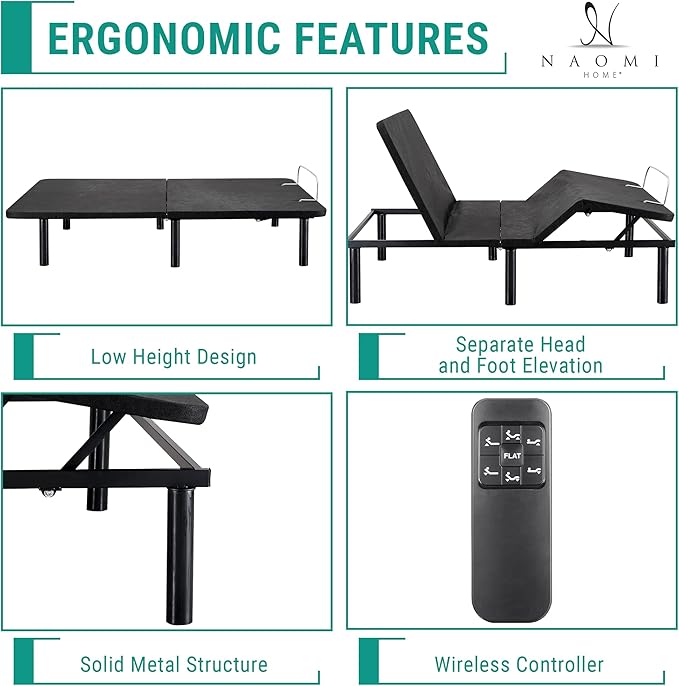 Naomi Home Serenity Full Adjustable Bed Base, Zero Gravity, Wireless Remote, USB Ports, 800 lb Capacity, Black Metal Frame, Easy Assembly for Enhanced Comfort and Relaxation