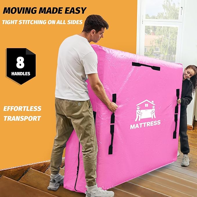 Mattress Bags for Moving, BETU Mattress Protector Waterproof Mattress Cover Storage Bags with 8 Heavy-Duty Handles and Zipper for Bed Extra Thick Large Reusable,77"x42"x15",Pink