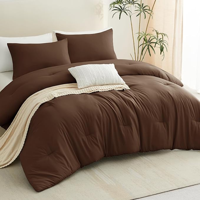 CozyLux Queen Comforter Set Brown, 3 Pieces Solid Comforters Queen Size Breathable Quilted Bedding Sets, Luxury Soft Lightweight Bed Set with Down Alternative Comforter and 2 Pillowcases All Seasons