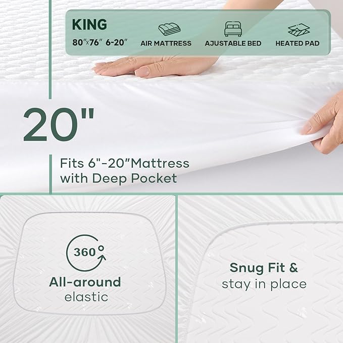 OhGeni 100% Waterproof 2 Pack King Size Mattress Protector, Soft Mattress Pad, Fits 6"-20" Mattresses with Deep Pocket, Cooling, Breathable Fitted Sheets, Soft Bed Cover, Noiseless, Machine Washable