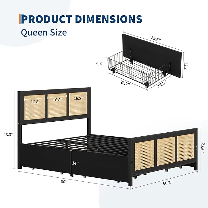 IDEALHOUSE Rattan Bed Frame with Storage Drawers, Boho Queen Led Bed Frame with Strong Metal Slats Support, No Box Spring Needed, Noise-Free Design, Black