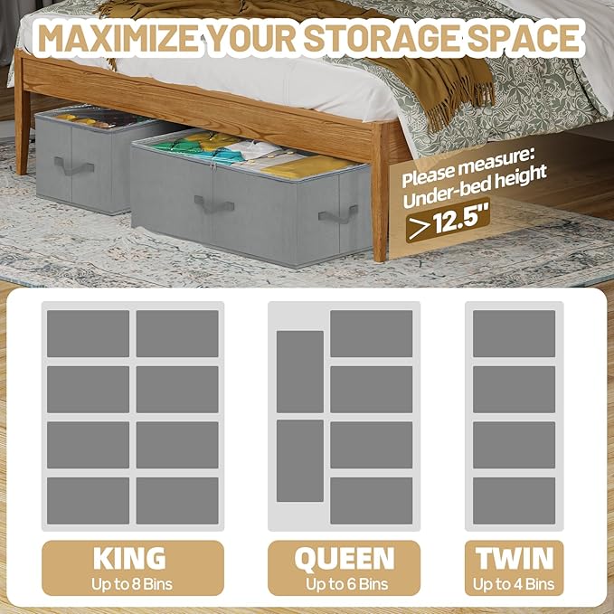 Large Under Bed Storage Containers, 12 inch Tall Underbed Storage Bins with Clear Lids, Deep Under Dorm Bed Storage Drawers Organizer for Shoes, Clothes, Blankets (2 Pack, Grey, 31.5"x16"x12")