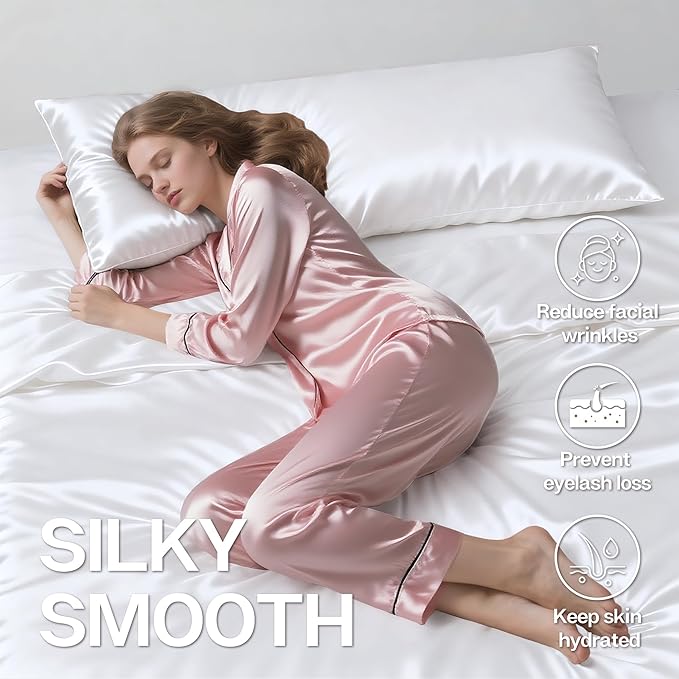 MR&HM Satin Body Pillow Cover, Soft and Breathable Body Pillow Case with Envelope Closure, Cooling and Silky Long Pillowcase for Hair and Skin,Grey (20x54, White)