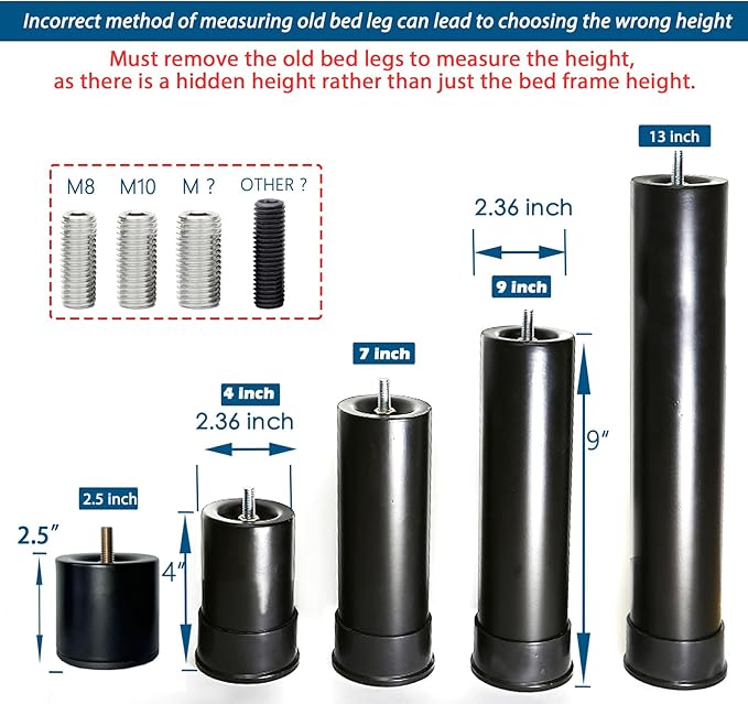 Benbuoo Bed Frame Legs Replacement for Adjustable Base Platform Screw in Support Parts Replaceable Bolts M8 M10 and More Thread Heavy Duty Metal Furniture 13 Inch（4 pcs）