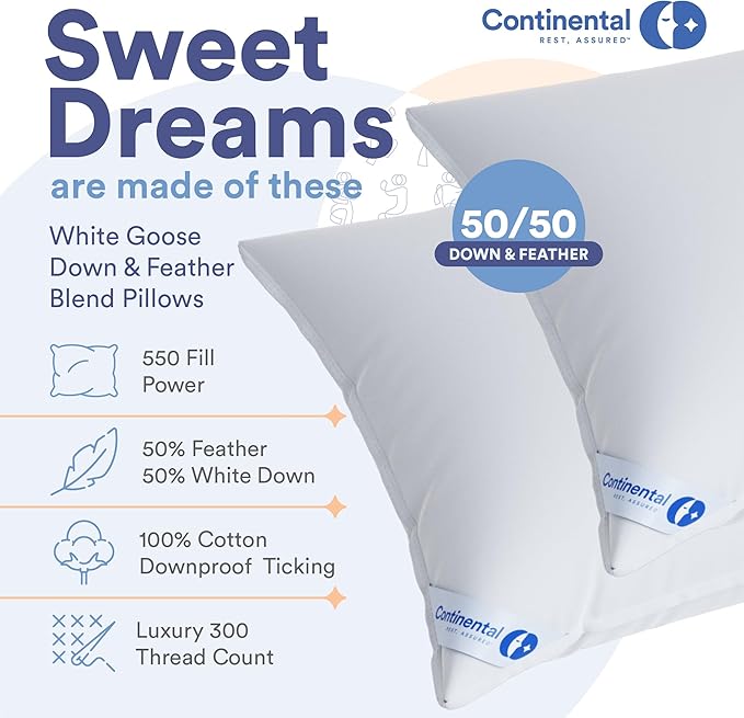 Continental Bedding 50/50 Down Feather Pillow, Fluffy Hotel Quality Side Sleeper Support, Breathable 300TC Cotton, RDS and Oeko TEX Certified