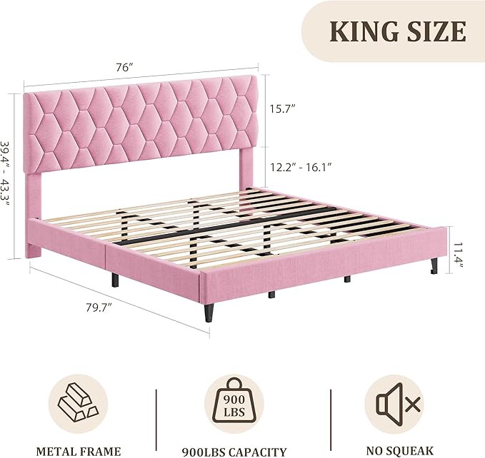 GarveeHome Pink King Bed Frame with Upholstered Headboard, Heavy-Duty Platform Bed Frame with Strong Wood Slats, No Box Spring Needed/Noise Free/Easy Assembly