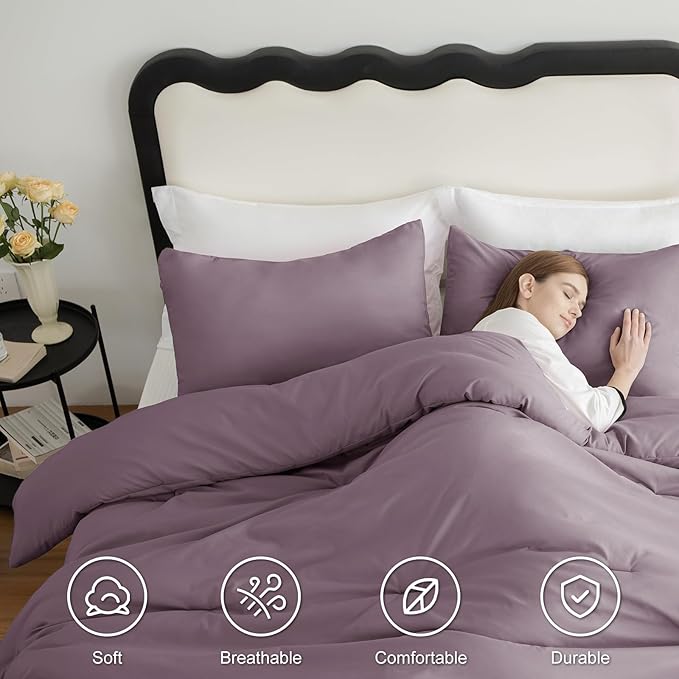 CozyLux King Size Comforter Set Dusty Purple, 3 Pieces Solid Comforters King Size Breathable Bedding Sets, Grayish Purple Luxury Lightweight Bed Set with Down Alternative Comforter and 2 Pillowcases