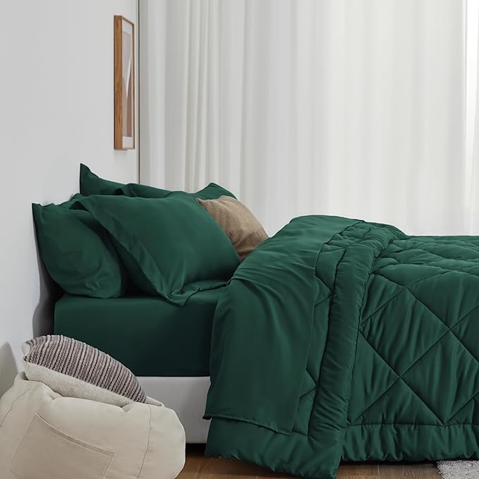 Love's cabin Full Comforter Set Dark Green, 7 Pieces Full Bed in a Bag, All Season Bedding Sets with 1 Comforter, 1 Flat Sheet, 1 Fitted Sheet, 2 Pillowcase and 2 Pillow Sham | Soft, Breathable, Lightweight, Comfortable