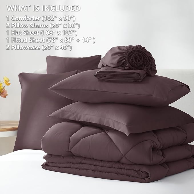 CozyLux King Size Comforter Set Cocoa Powder - 7 Pieces Bed in a Bag King, Luxury Soft Bed Set for All Seasons, Bedding Set with Down Alternative Comforter, Sheets, Pillowcases & Shams