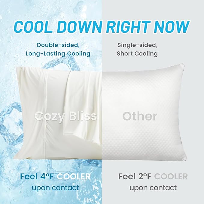 Cozy Bliss Cooling Pillow Cases for Hot Sleepers, Q-Max>0.45, Standard Size Set of 2, Soft & Silky Pillow Covers with Envelope Closure,Gift, Off White, 20x26 Inches