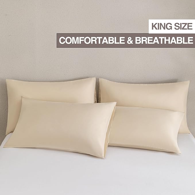 MINIPANDA Beige King Size Pillow Cases Set of 4 - Super Soft, Smooth and Breathable Pillow Cases King - Envelope Design - Machine Washable Lightweight (20X40 Inches (4 Piece))