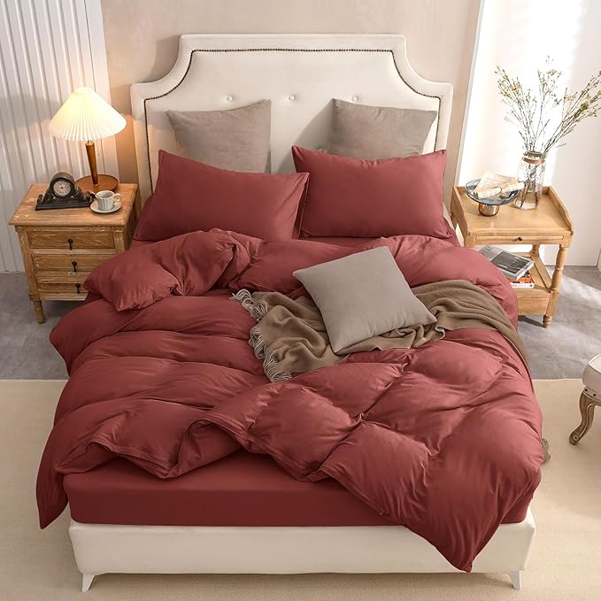 PURE ERA Jersey Knit Duvet Cover Set 100% T-Shirt Cotton Super Soft Comfy 3pc Bedding Set with Zipper Closure (Solid Brick Red, Queen, 90"X90")