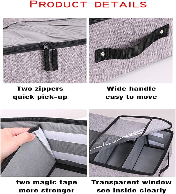 AARAINBOW Foldable Under Bed Clothes Organizer with Lid, Underbed Storage Container with Adjustable Dividers, Clear Window, Gray