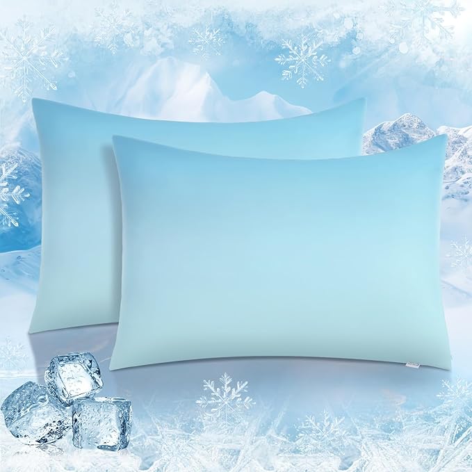 LUXEAR Cooling Pillow Cases, 2 Pack Queen Size Arc-Chill Q-max > 0.5 Gradient Cool Pillowcases for Hair Skin,Silky Cooling Summer Pillow Covers for Hot Sleepers & Night Sweats-Gradient Light Blue