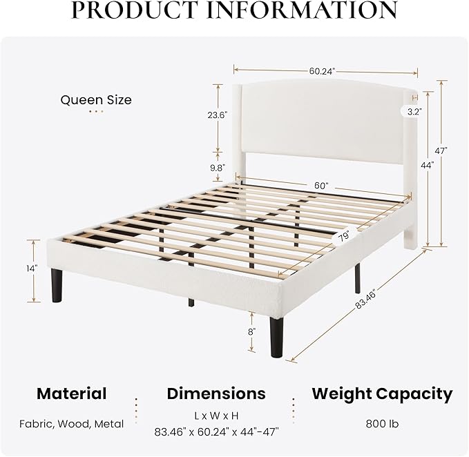 SHA CERLIN Queen Bed Frame with Soft Teddy Fabric, Boucle Upholstered Platform Bed, Curved Headboard Design, Wooden Slats Support, Noise-Free, No Box Spring Needed, Easy Assembly, White