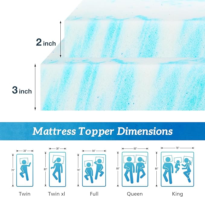 Sweetcrispy Memory Foam Mattress Topper California King, 2 Inch Thick Gel Infused Cooling Toppers Pad for Bed, Sleeper Sofa, RV, Camper, CertiPUR US Certified, Ventilated and Breathable