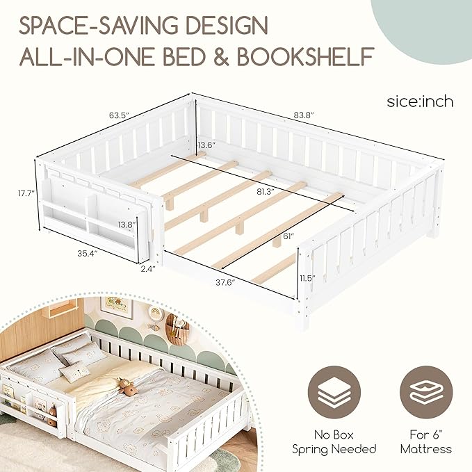 Bellemave Queen Floor Bed Frame with Fence & Bookshelf, Solid Pinewood Montessori Floor Bed Frame Queen with Slats Load 550LBS, Low Floor Bed for Kids, Bedroom, Nursery, Easy Assembly, White