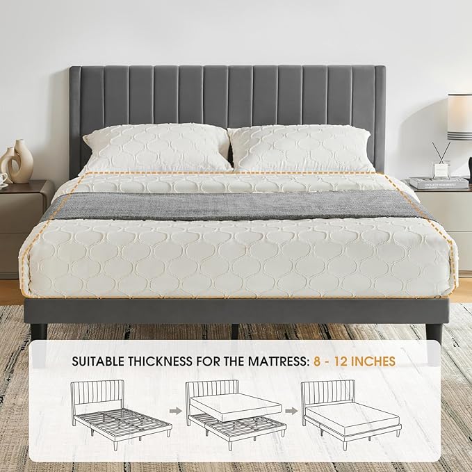 Queen Bed Frame Upholstered Platform,Queen Size Bed Frame with Velvet Headboard,Non-Slip and Noise-Free/Wooden Slats Support/No Box Spring Needed/Easy Assembly/Mattress Foundation (Grey, Queen)