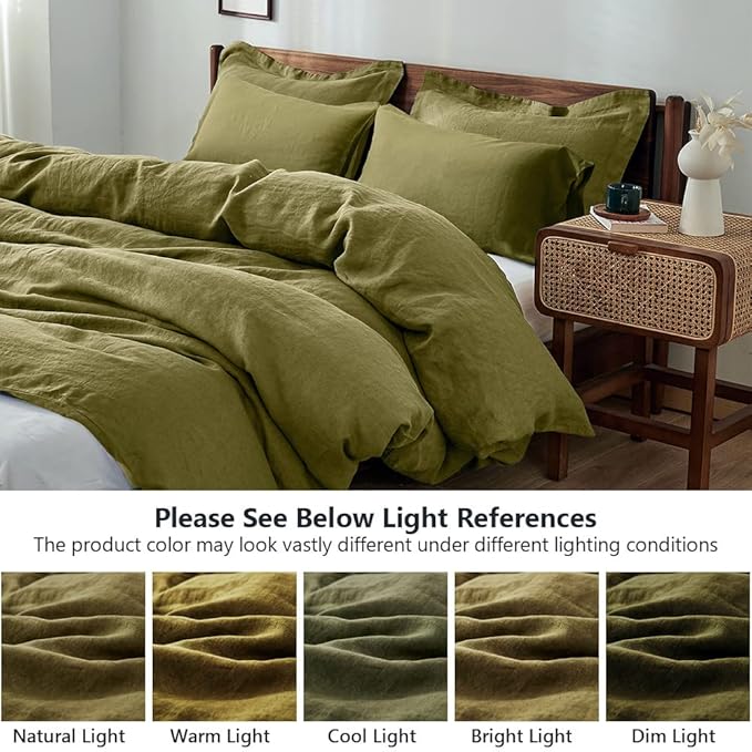 Simple&Opulence 100% Washed Linen Duvet Cover Set 5pcs(1 Duvet Cover& 2 Shams& 2 Pillowcases) Basic Style Natural French Flax Soft Breathable Farmhouse Bedding (Queen, Olive Green)