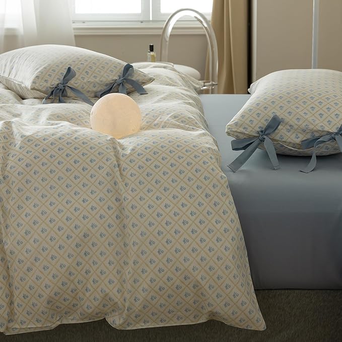 VM VOUGEMARKET Full Duvet Cover with Blue Flower Prints,100% Cotton Bedding Set,Yellow Plaid Grid Comforter Cover with Zipper Closure,80x90 Inch