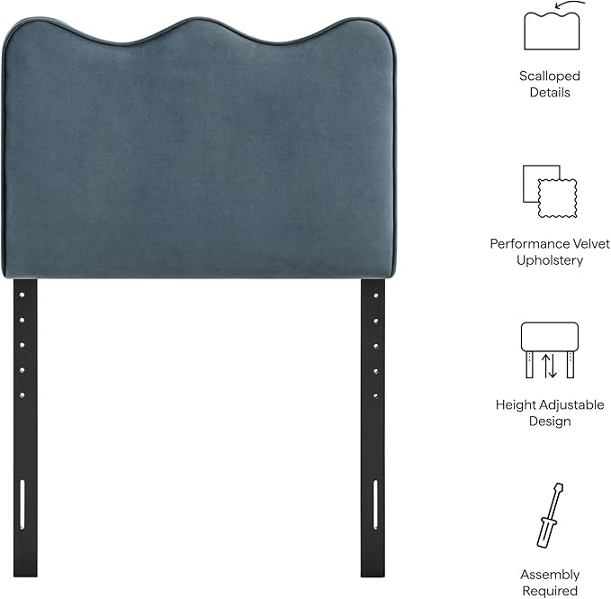 Monday Athena Twin Size Performance Velvet Adjustable Headboard in Cadet Blue - with Scalloped Wave Design and Stain-Resistant Velvet Upholstery