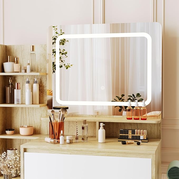 GarveeHome Makeup Vanity with Mirror and Lights, 36-Inch Vanity Desk, 4 Large Drawers Dresser, 3 Lighting Modes, Stool & Charging Station, Modern Vanity Table for Bedroom, Women,