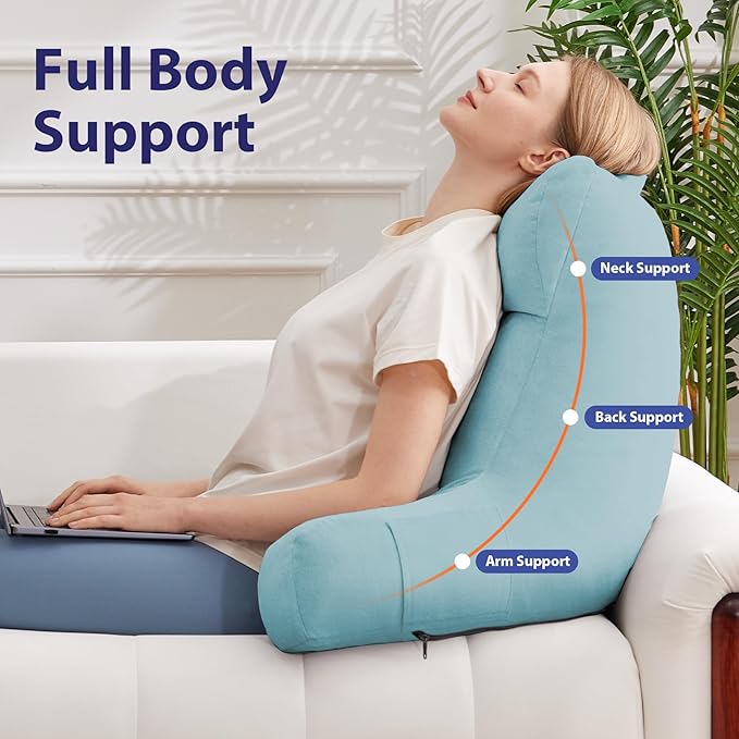 IPYNBAP Back Pillow for Bed Sitting up, Reading Pillow for Sitting in Bed Adult, Back Support Pillow, Memory Foam Sit up Lounge Backrest Pillow with Arms for TV, Couch, Chair, Dorm, 24 Inch, Lake Blue