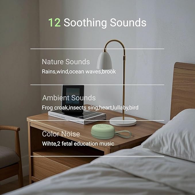 Portable Baby Sound Machine [White Noise for Babies Kids Adults][Supports Bluetooth audio playback][Timer Function][12 Soothing Sounds] 15 Hours Battery Life, Travel,Shower,Clips on Baby Stroller.Mint