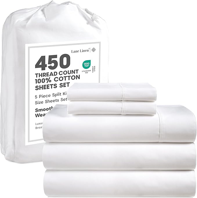 LANE LINEN 450 Thread Count 100% Cotton Split King Sheets Set for Adjustable Beds, 15" Deep Pocket Soft & Comfy Sustainably Produced Split King Sheet, Naturally Cooling Cotton Sheets -White
