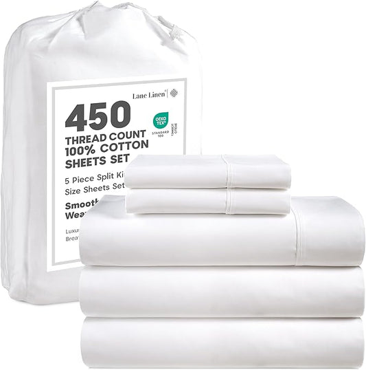 LANE LINEN 450 Thread Count 100% Cotton Split King Sheets Set for Adjustable Beds, 15" Deep Pocket Soft & Comfy Sustainably Produced Split King Sheet, Naturally Cooling Cotton Sheets -White