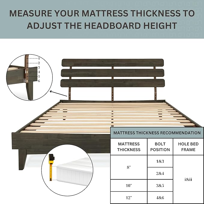 Bme Caden King Size Bed Frame and Adjustable Headboard, 15 Inch Mid Century Retro Style - Solid Acacia Wood - No Box Spring Needed - 12 Strong Wood Slat Support - Easy Assembly - Charcoal Mocha
