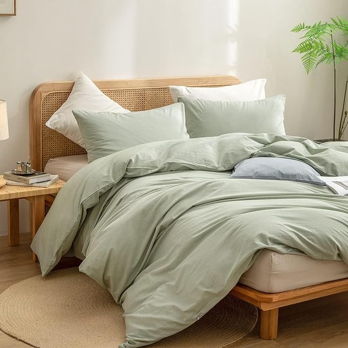 BESTOUCH Duvet Cover Set 100% Washed Cotton Linen Feel Super Soft Comfortable Chic Lightweight 3 PCs Home Bedding Set Solid Sage Green Alaska King