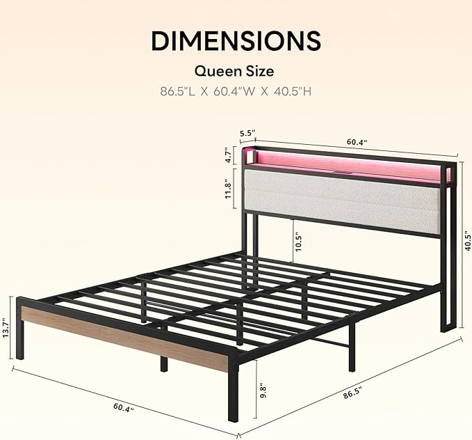 LIKIMIO Queen Bed Frame with Storage Headboard and LED Lights, Metal Platform Bed with Charging Station, Noise Free, No Box Spring Needed, Under Bed Storage, Natural and Cream