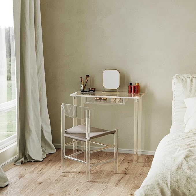 Eglaf Acrylic Makeup Vanity Desk - Clear Vanity Table with Drawer - Small Makeup Table Dressing Table for Bedroom, 31.5'' L x 15.7'' W x 29.5'' H, Modern