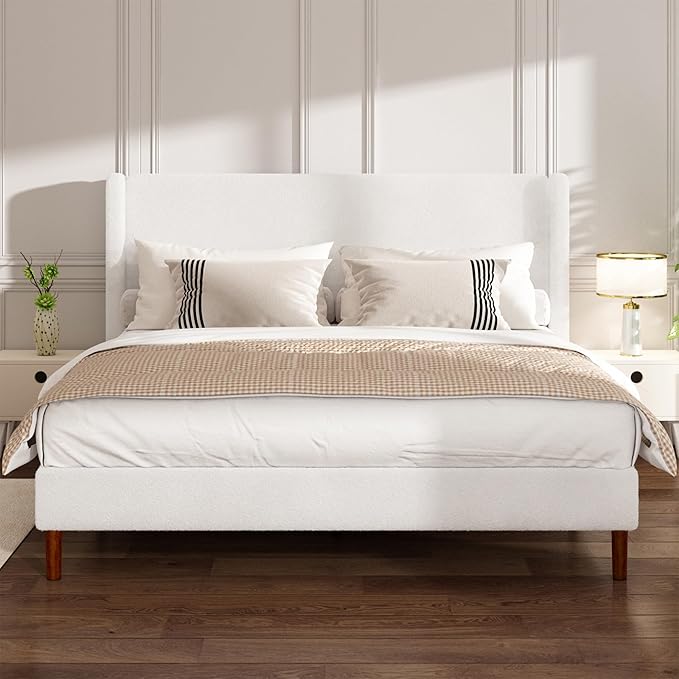 King Boucle Bed Frame, Platform Bed with Upholstered Wingback Headboard, Strong Wooden Slats Support, Noise-Free, No Box Spring Needed, Easy Assembly, White