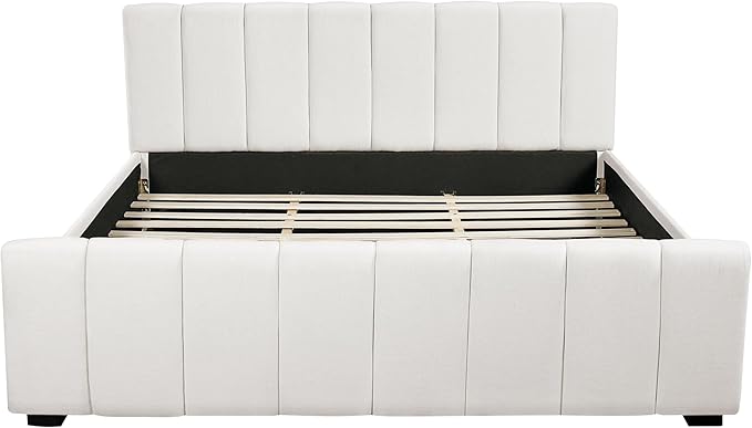 Merax King Size Upholstered Platform Bed with Thick Headboard and Footboard, Block Style Linen Fabric Bed Frame with Solid Wood Legs, Beige