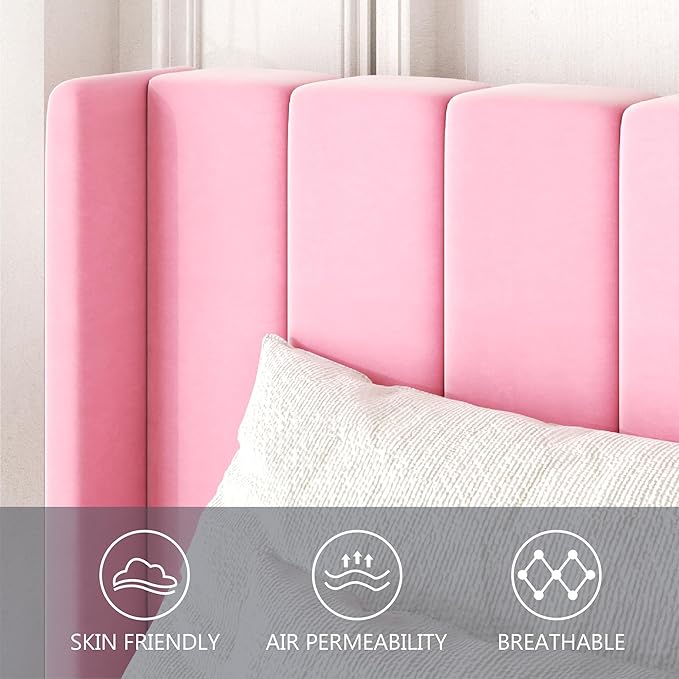Gruwans Queen Size Bed Frame with Upholstered Wingback Headboard, Easy Assemnly Platform Bed, Wooden Slat Support No Box Spring Needed, Pink Velvet