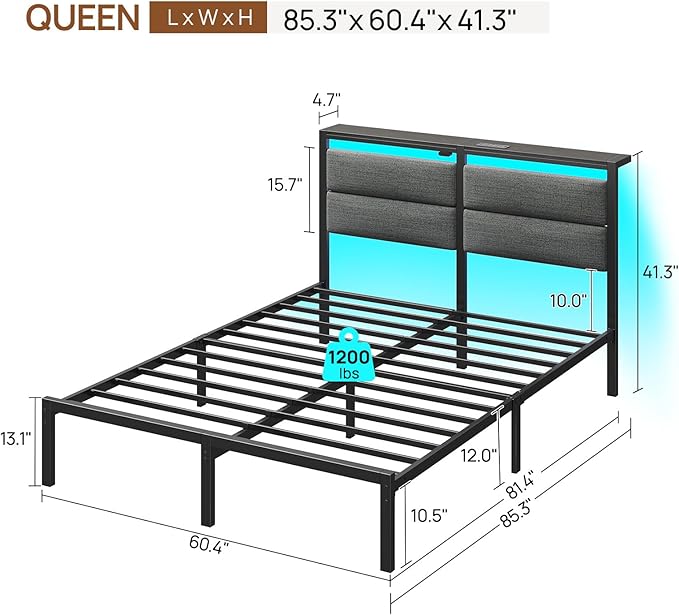 Rolanstar Queen Bed Frame with Charging Station, LED Bed Frame Queen with Upholstered Storage Headboard, Platform Bed with Metal Slats & Under Bed Storage, No Box Spring Needed, Noise Free, Grey