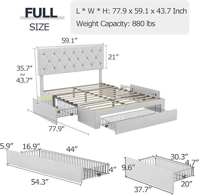 VECELO Full Size Bed Frame with 3 Storage Drawers, Leather Upholstered with Diamond Tufted Headboard, Solid Wood Slat Support & Steel Framework, PU & White