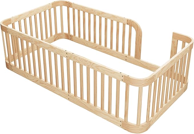 Bellemave Twin Floor Bed with High Fence and Rounded Corner Design, Twin Size Montessori Bed with Safety Guardrails, Easy Assemble Montessori Beds Frame for Girls, Boys, Natural