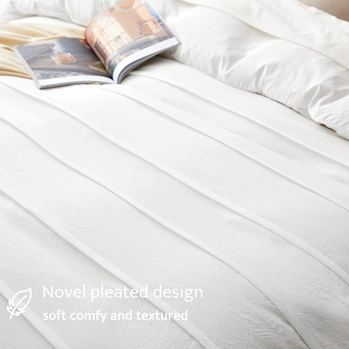 Oli Anderson White Duvet Cover King Size - Pleated King Duvet Cover, 3PCS Soft and Breathable Textured Bedding Set with Zipper Closure(White,104"x90")