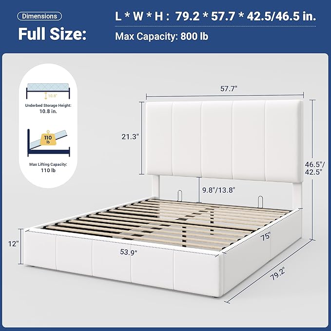 Allewie Full Size Velvet Lift Up Storage Bed Frame, Vertical Channel Tufted Headboard, Hydrualic Underneath Storage, Upholstered Platform Bed, Wooden Slats Support, No Box Spring Needed, White